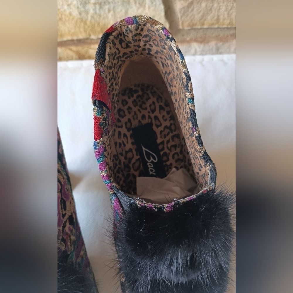 Baci Colorful Patterned Victorian Style Ankle Boots with Black MINK Fur Trim_6 - Picture 5 of 7